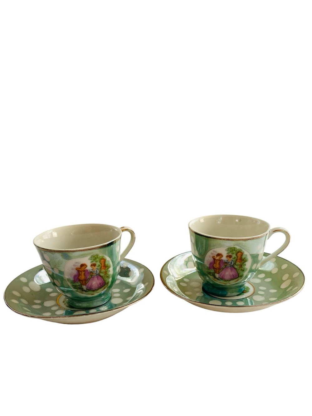 Vintage Mint Green Courting Couple 4.5" Demitasse Cup & Saucer Set Polka Dot